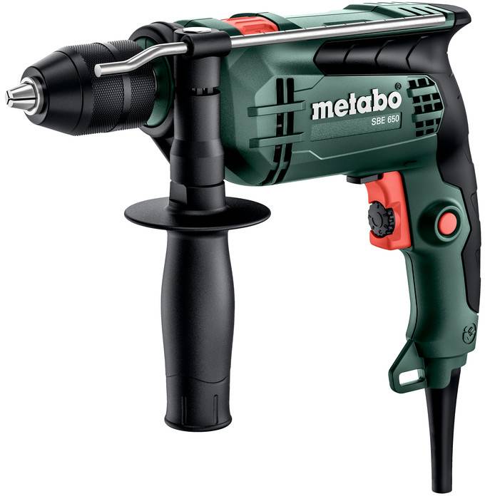 A green, electric drill hammer with a black handle and red switch. Brand logo clearly visible on the side.