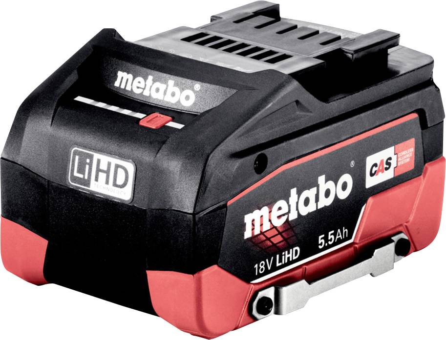 Metabo battery pack, 18 V LiHD, 5.5 Ah, black and red, with CAS compatibility and LiHD technology emblem, side view.