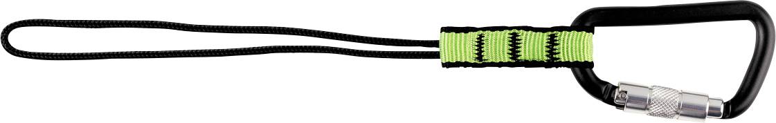 A black carabiner with a green safety lanyard and screw-lock mechanism. Ideal for securely fastening objects.