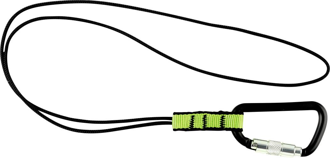 Black carabiner hook with green accents and black rope. Used for safety purposes or attachments.