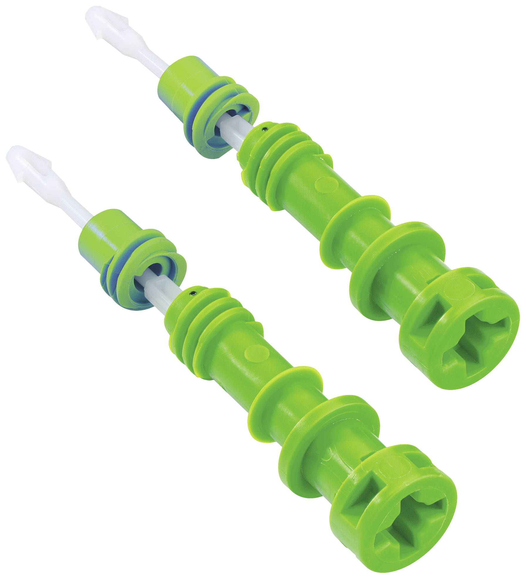 Two green plastic screws with blue and white detailing. They appear to be designed for connecting or fastening objects.