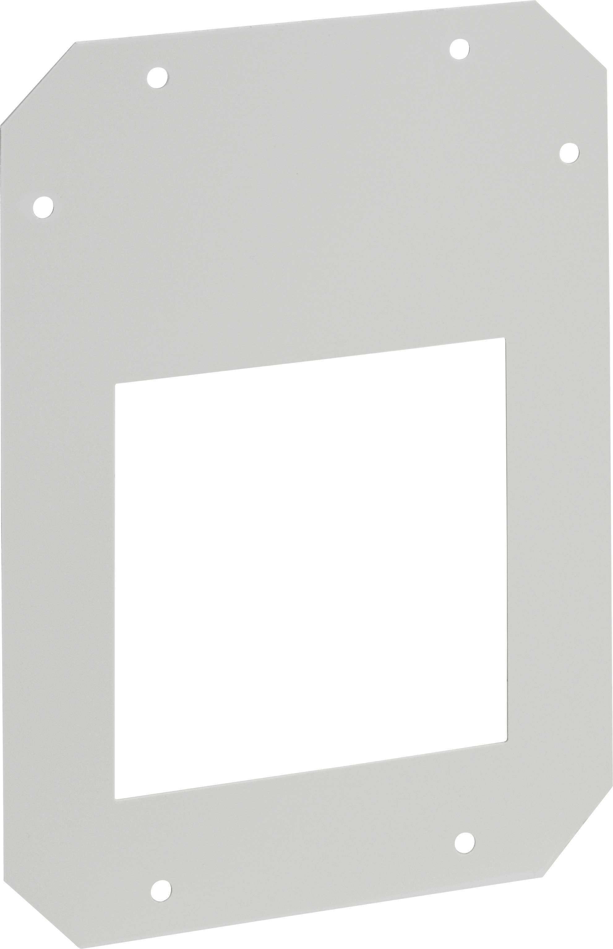 Grey rectangular cover plate with a central square cutout and eight screw holes around the edges.