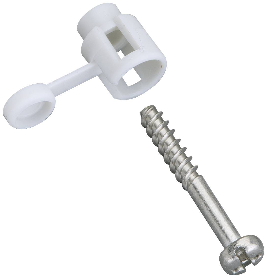 A white plastic wall plug next to a metal screw. The wall plug has two fixings; the screw is silver with a flat head.