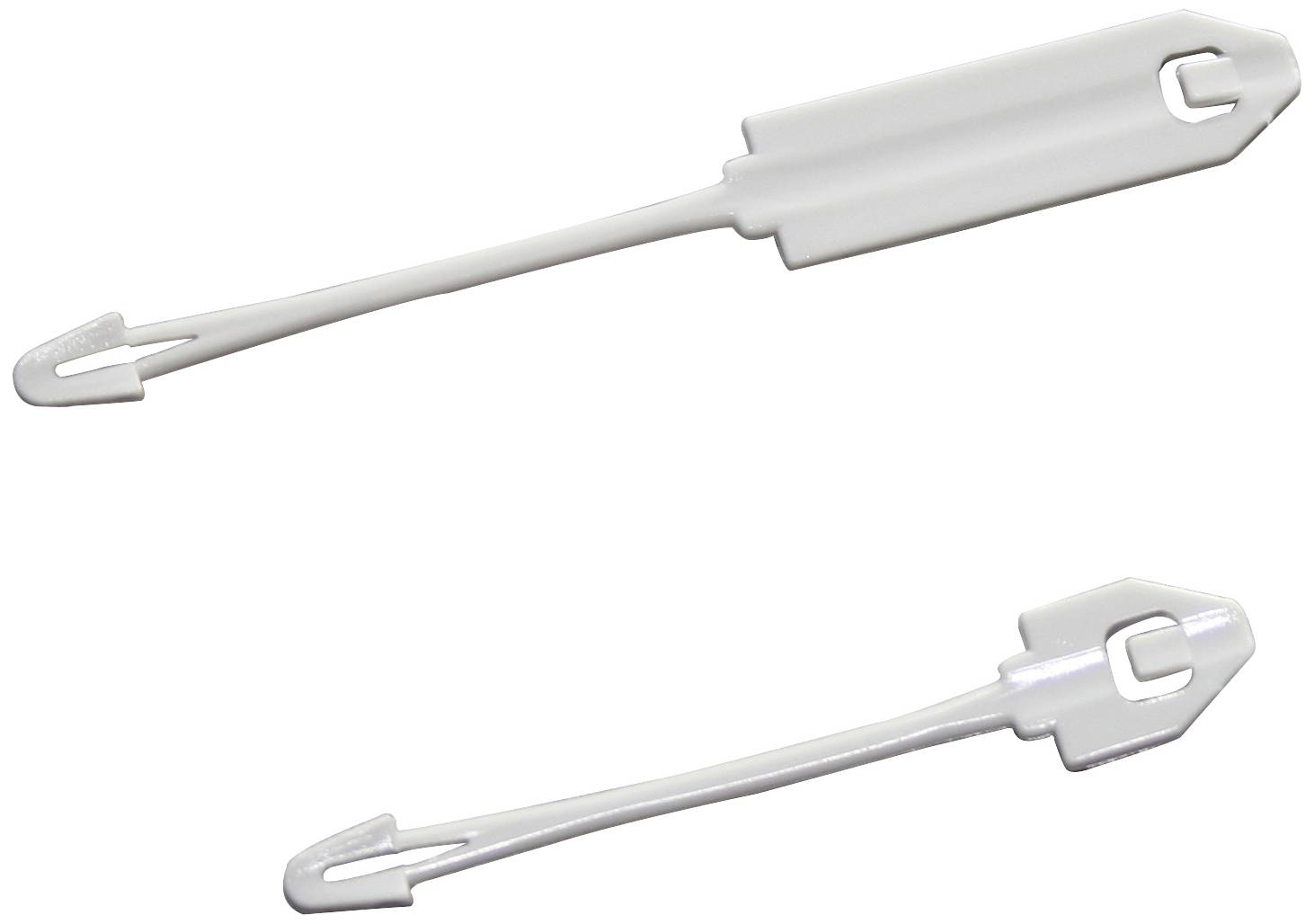 Two white, rectangular plastic clips with curved ends, likely used as cable holders or fasteners.