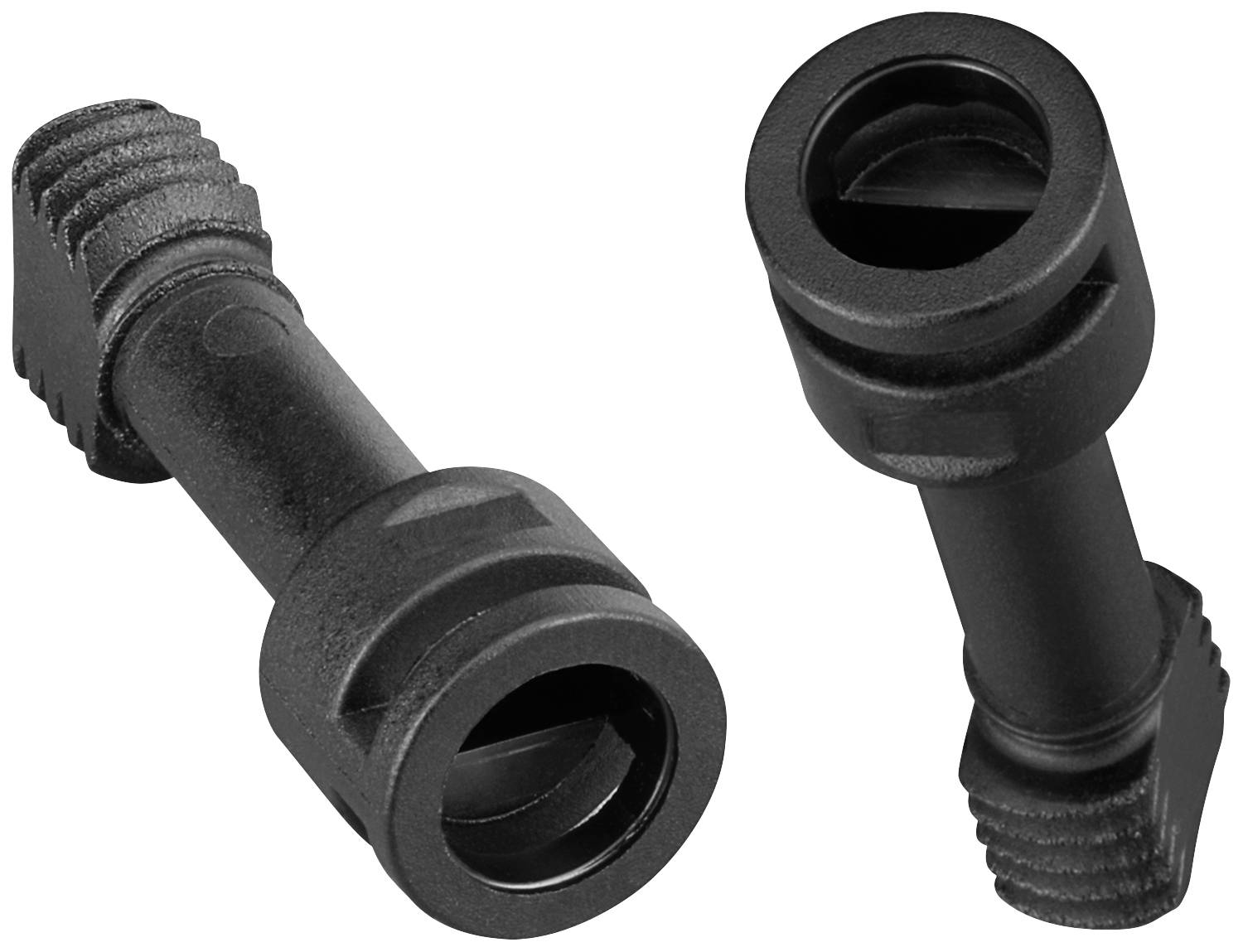 Two black plastic components with grooves, possibly part of seals or adapters, side by side on a white background.