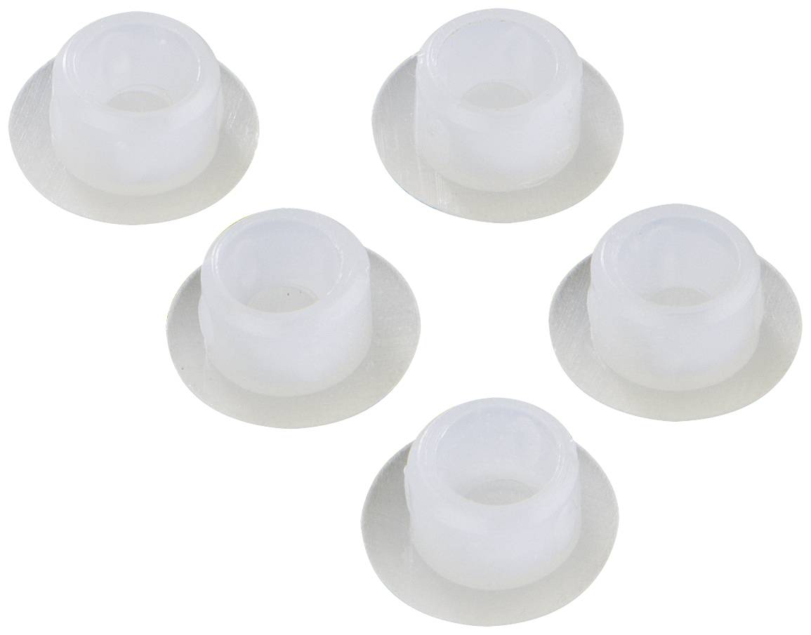Five white, round plastic bushings on a white background.