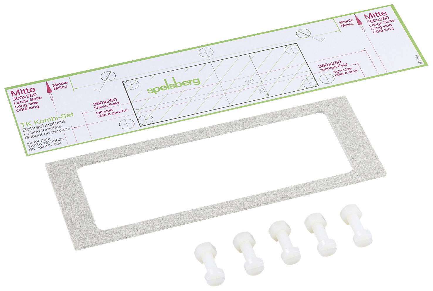 Product leaflet and accessory parts of an electrical installation kit by Spelsberg, including frame and mounting pins.