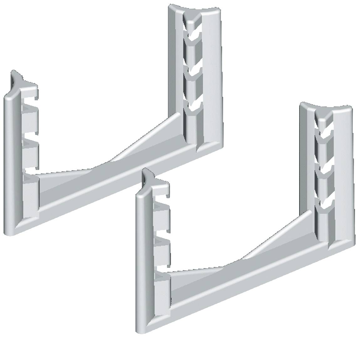 Two silver, tooth-shaped wall brackets for securing items, with multiple notches for adjustment.