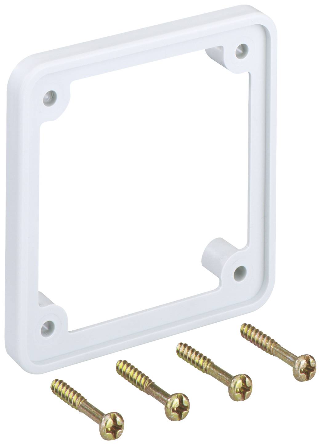 White square plastic framed plate with four golden screws beneath it.