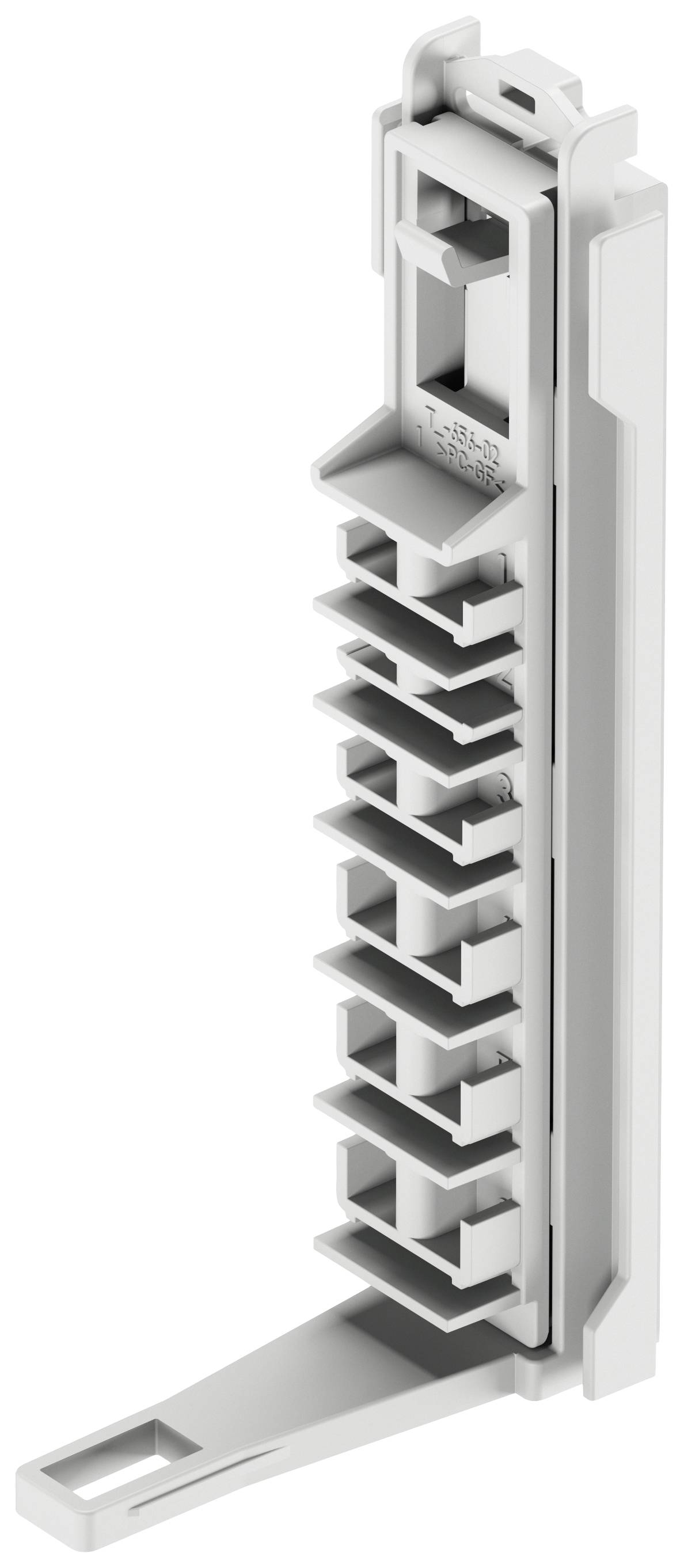 A grey, vertical plastic holder with multiple rectangular slots, presumably for housing electronic components.