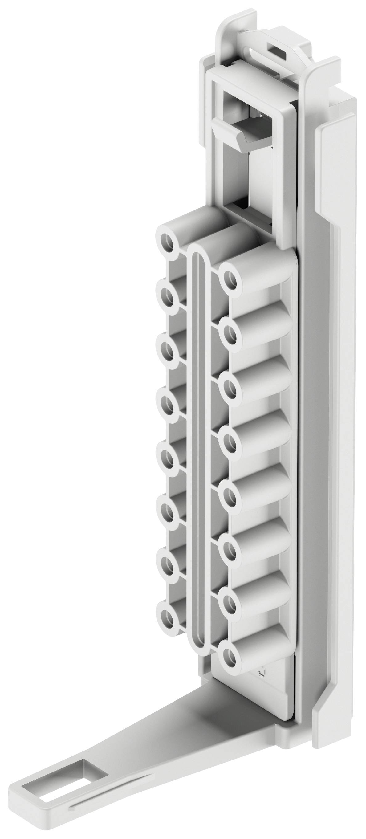 A grey, vertical plastic component with multiple round apertures, likely part of a technical or electrical system.