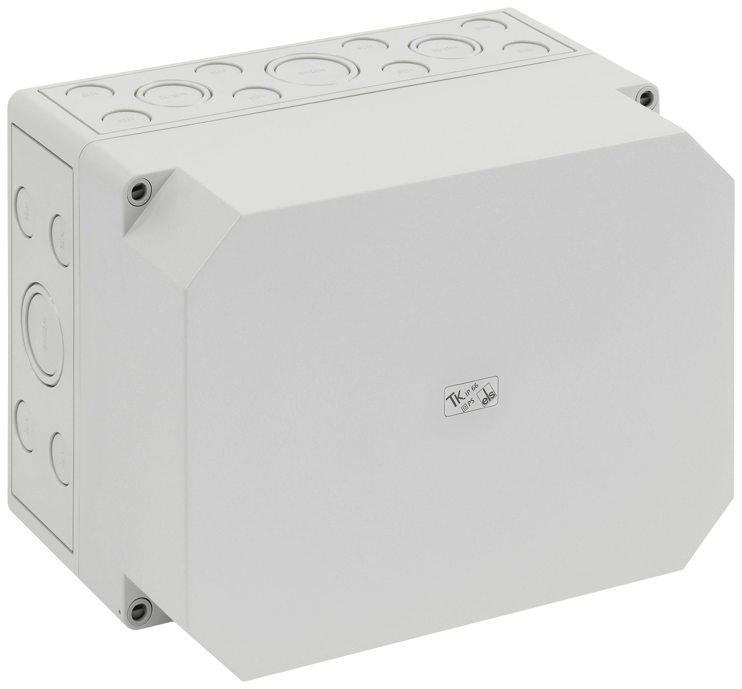 Grey, rectangular plastic enclosure with rounded edges and screws at the corners, suitable for wall mounting.
