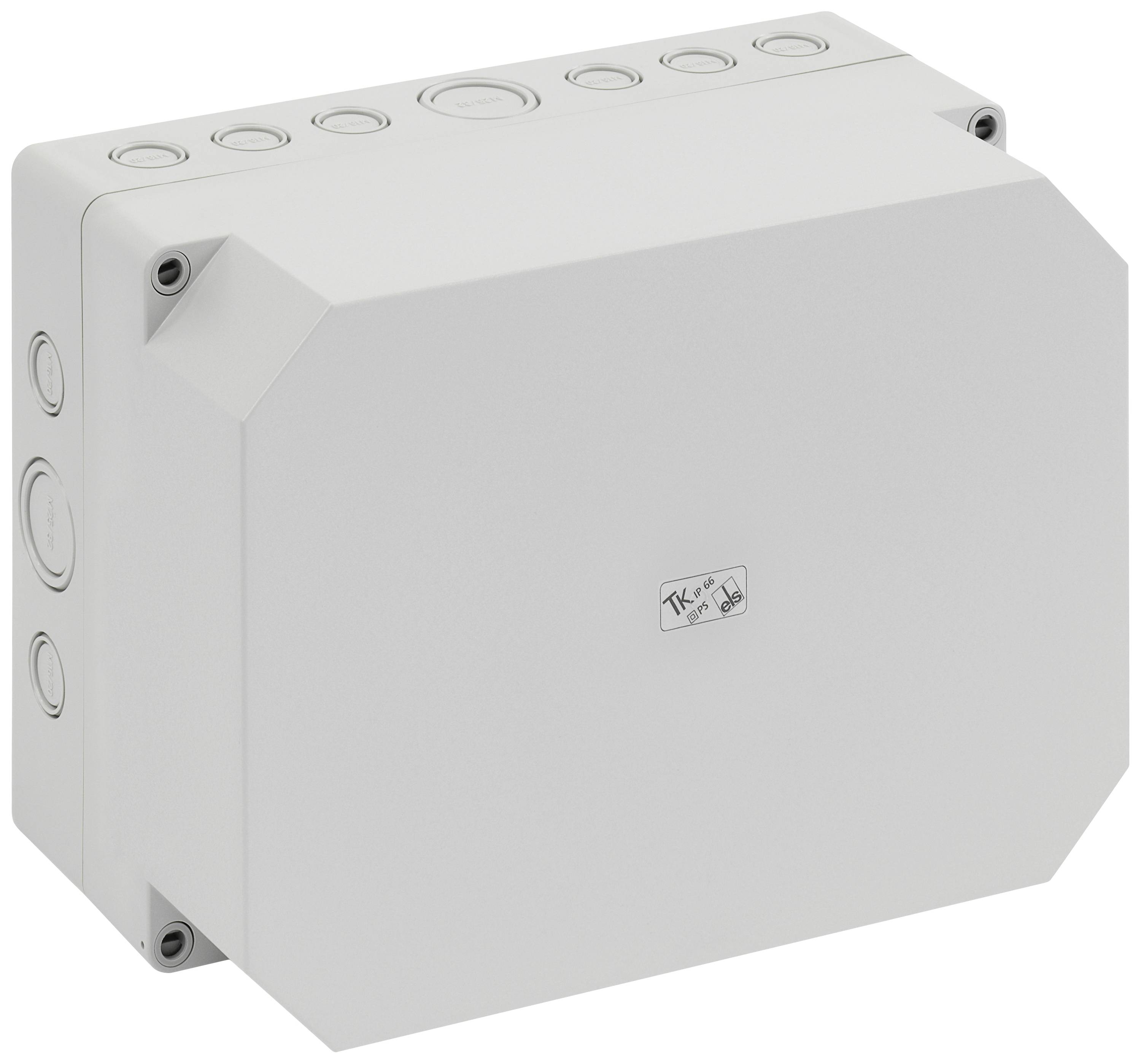 White plastic connection box with a hexagonal front view. Multiple entry openings at the top, with additional access points on the left side.