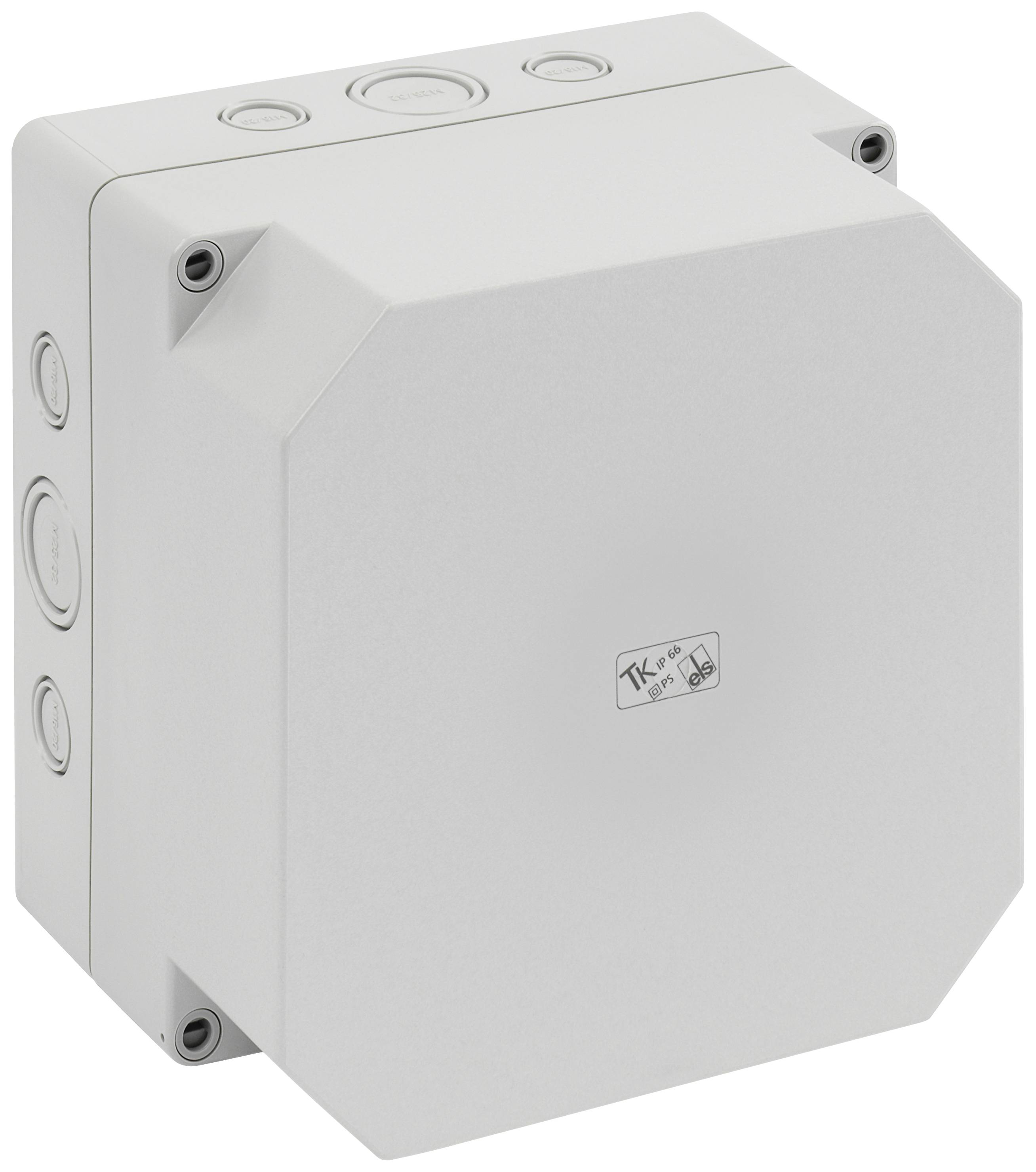 Grey-white rectangular electrical socket with four side cable entries, square front face, and brand logo.