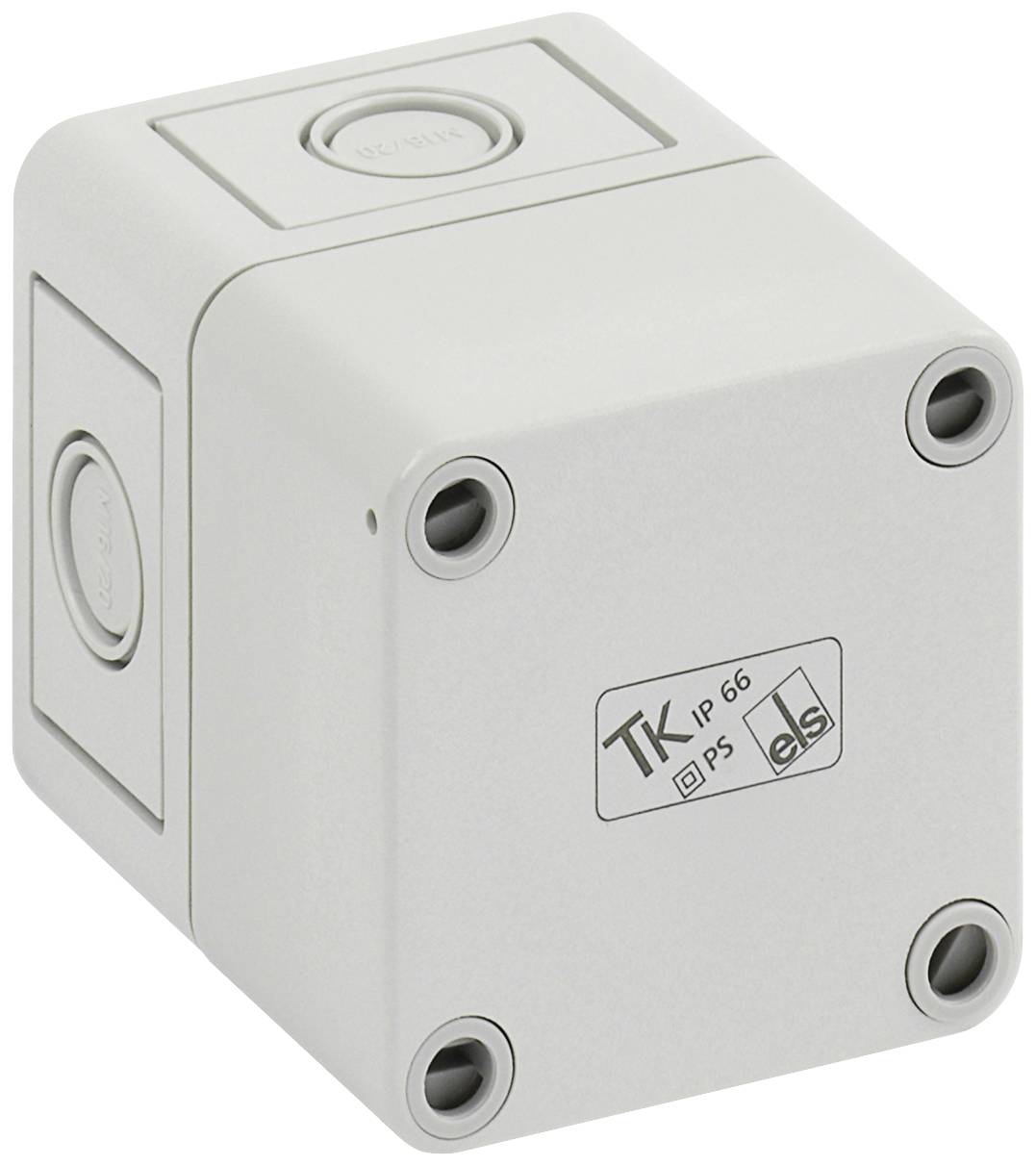 A grey, square plastic coupling sleeve with end caps and a label reading 