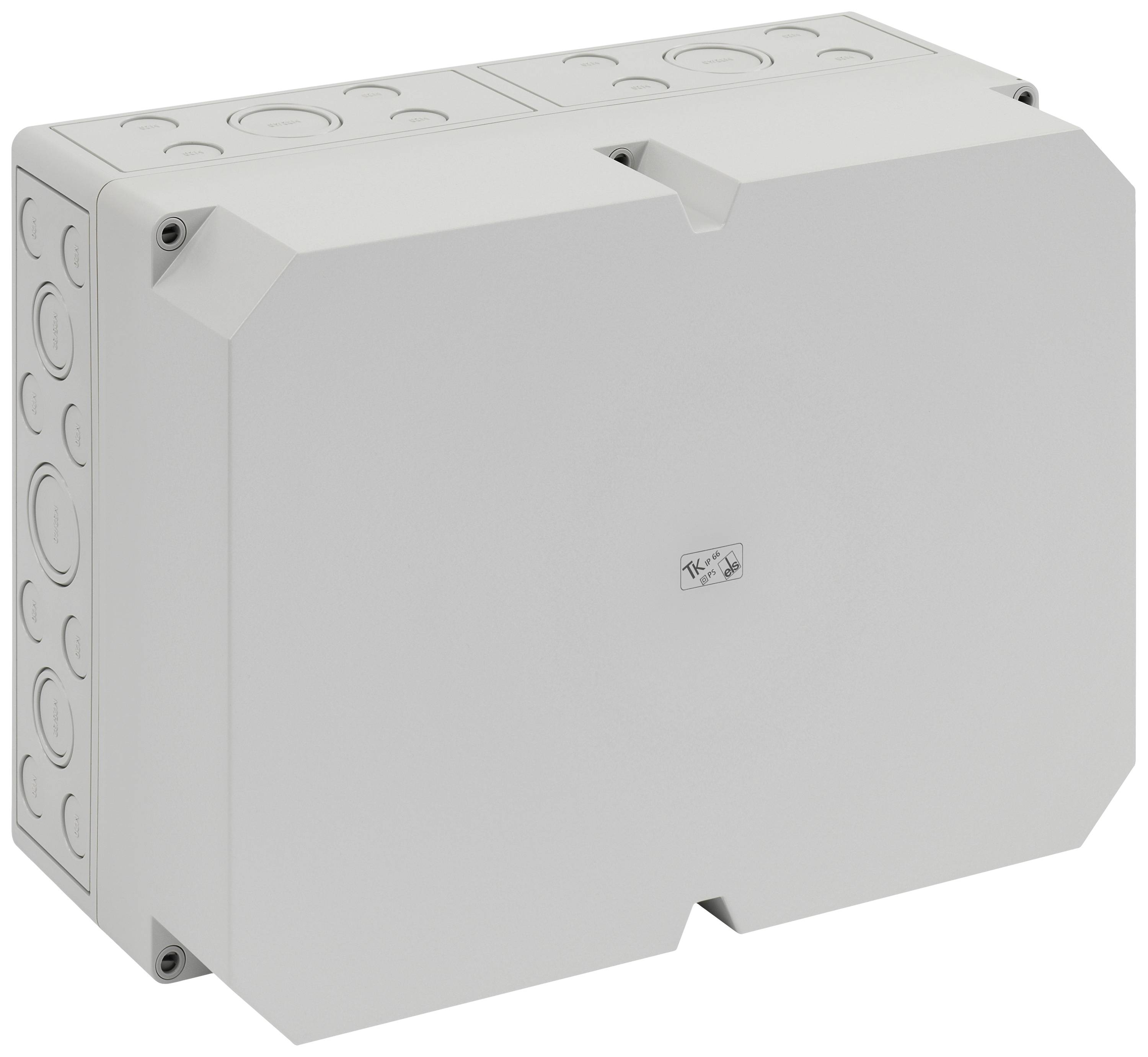 A rectangular grey distribution box with several round knockout openings on the sides and a smooth, plain front.