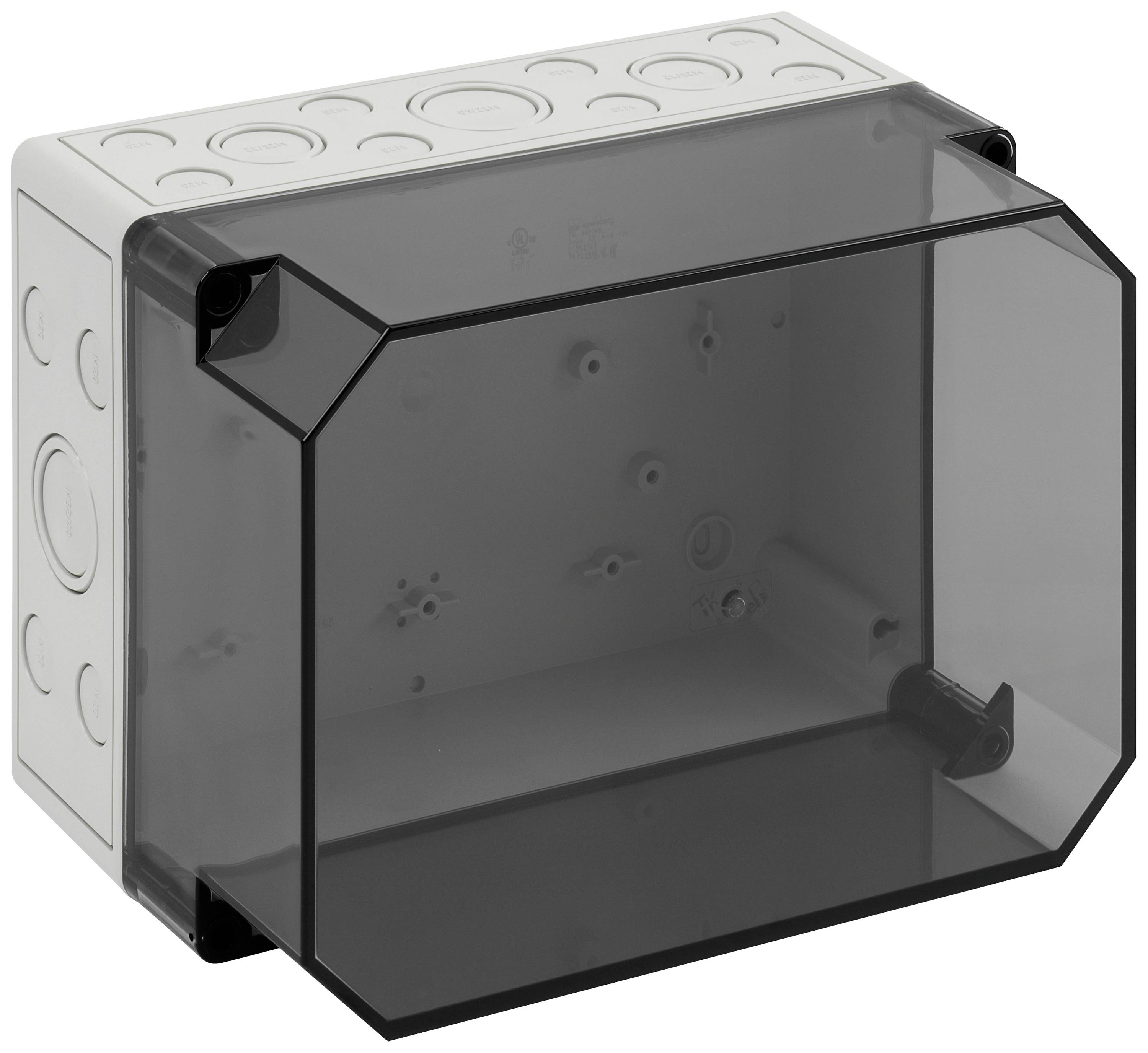 Rectangular, transparent enclosure with numerous round apertures on the side walls, suitable for electrical installations.