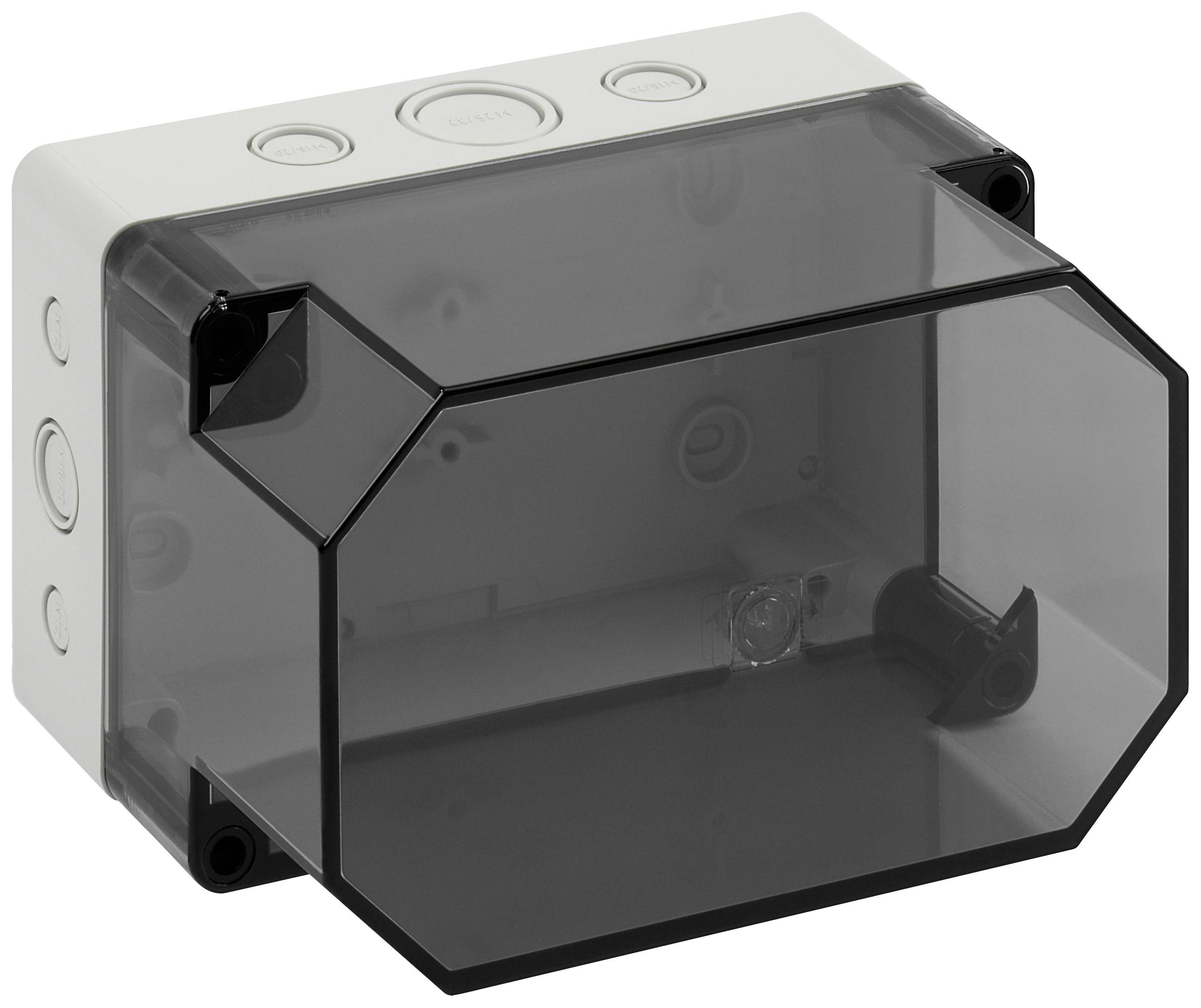 White electrical socket with a transparent, rectangular cover, suitable for cable management and protective connections.