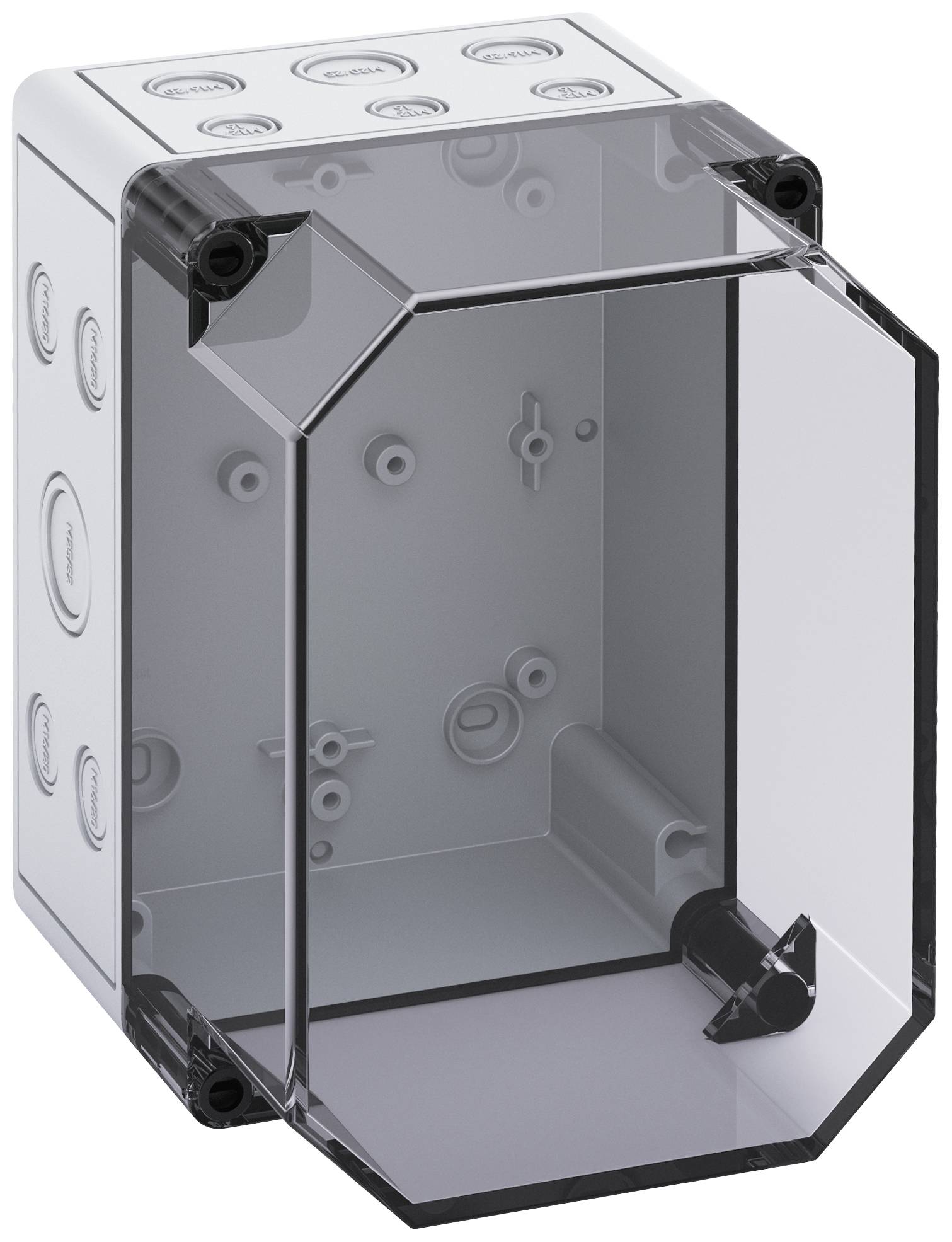 A transparent, rectangular plastic enclosure box with multiple openings on the sides for cabling and mounting purposes.
