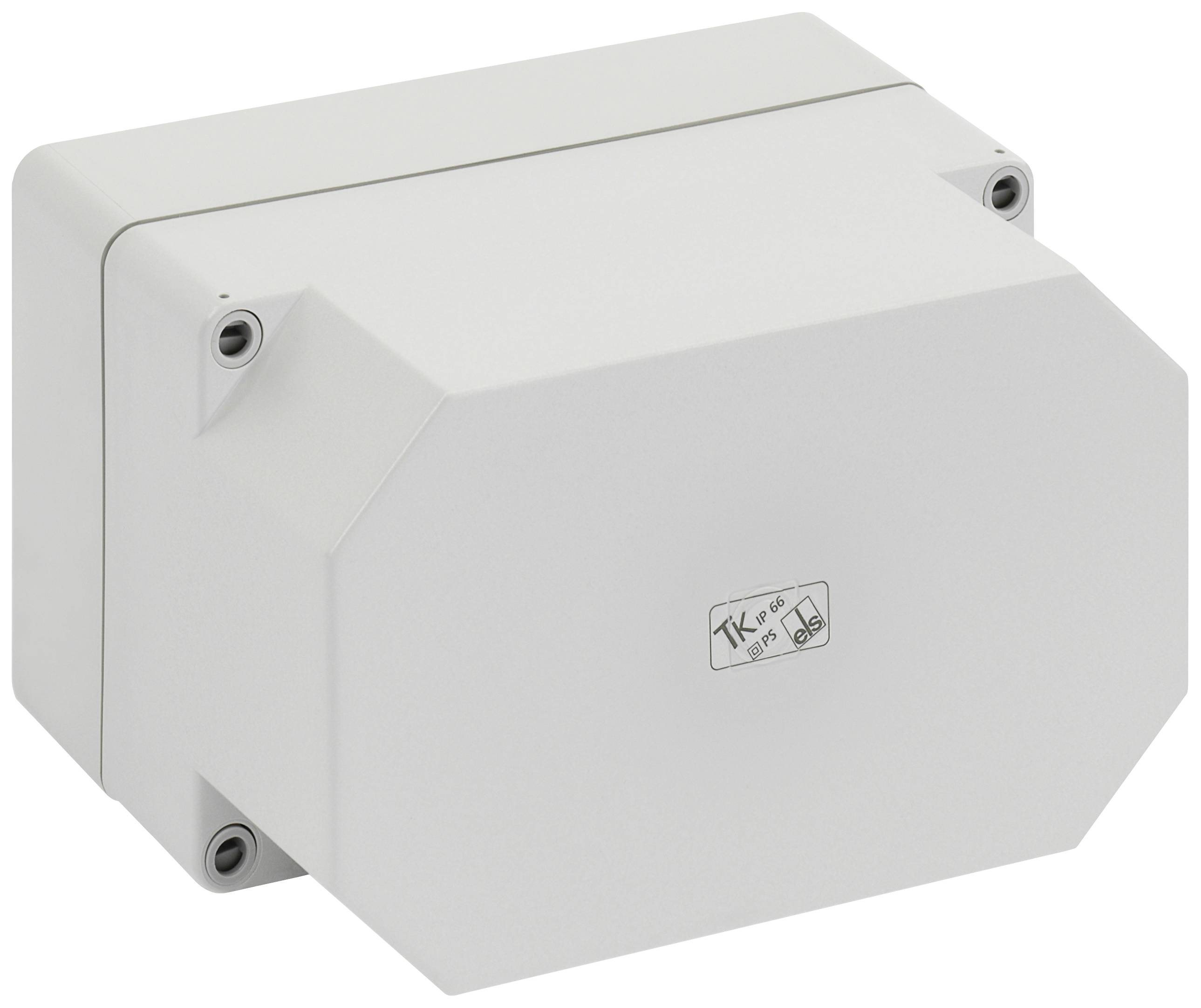 White plastic junction box with fixing screws at the corners. Contains a small label with symbols on the top surface.