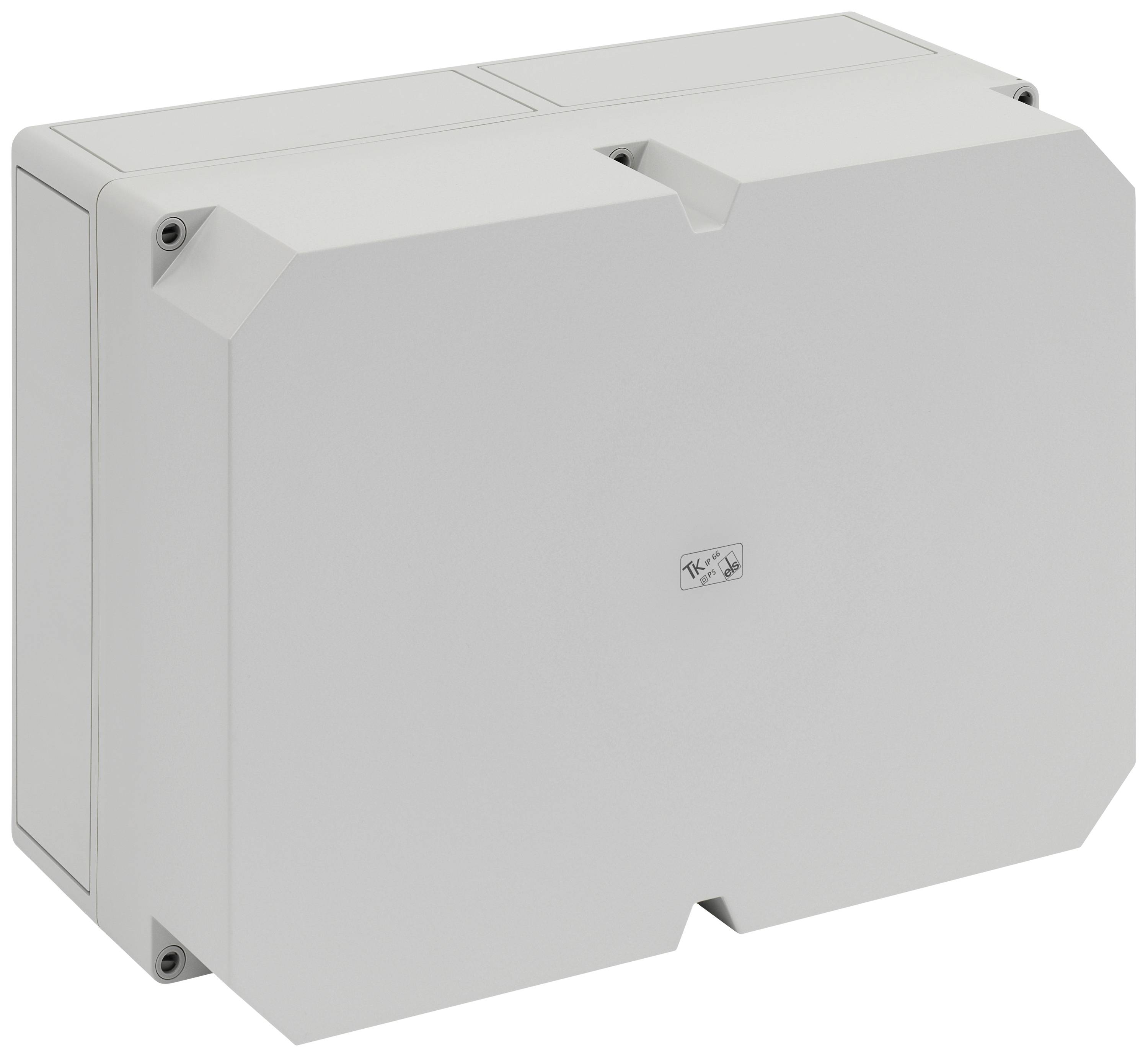 Rectangular, grey enclosure with a smooth surface, bevelled corners. Screw fastenings at the corners.