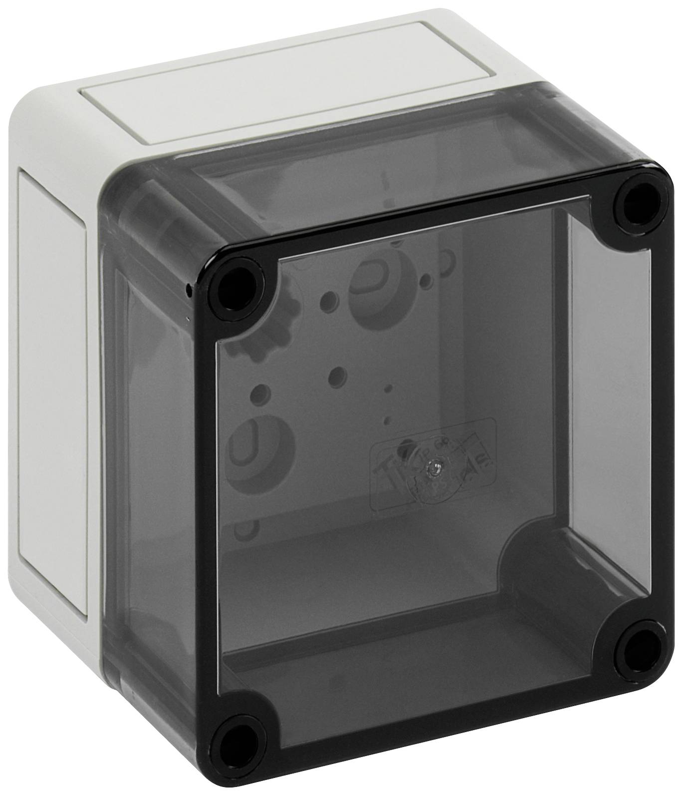Grey, transparent plastic enclosure with a square shape and visible screws, suitable for electronic components.