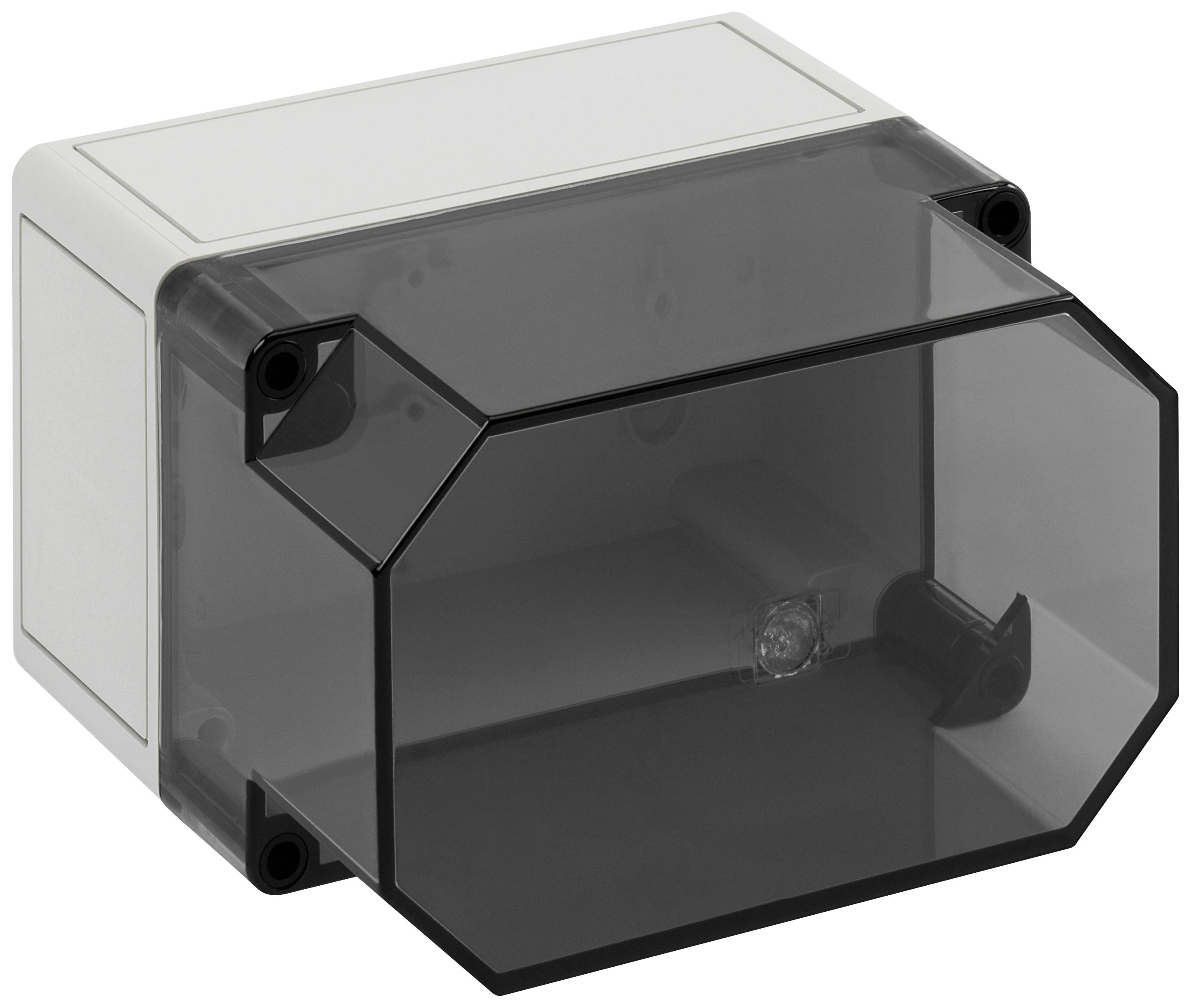 Electronic enclosure with a transparent, grey lid; mounting brackets and screw holes are visible.