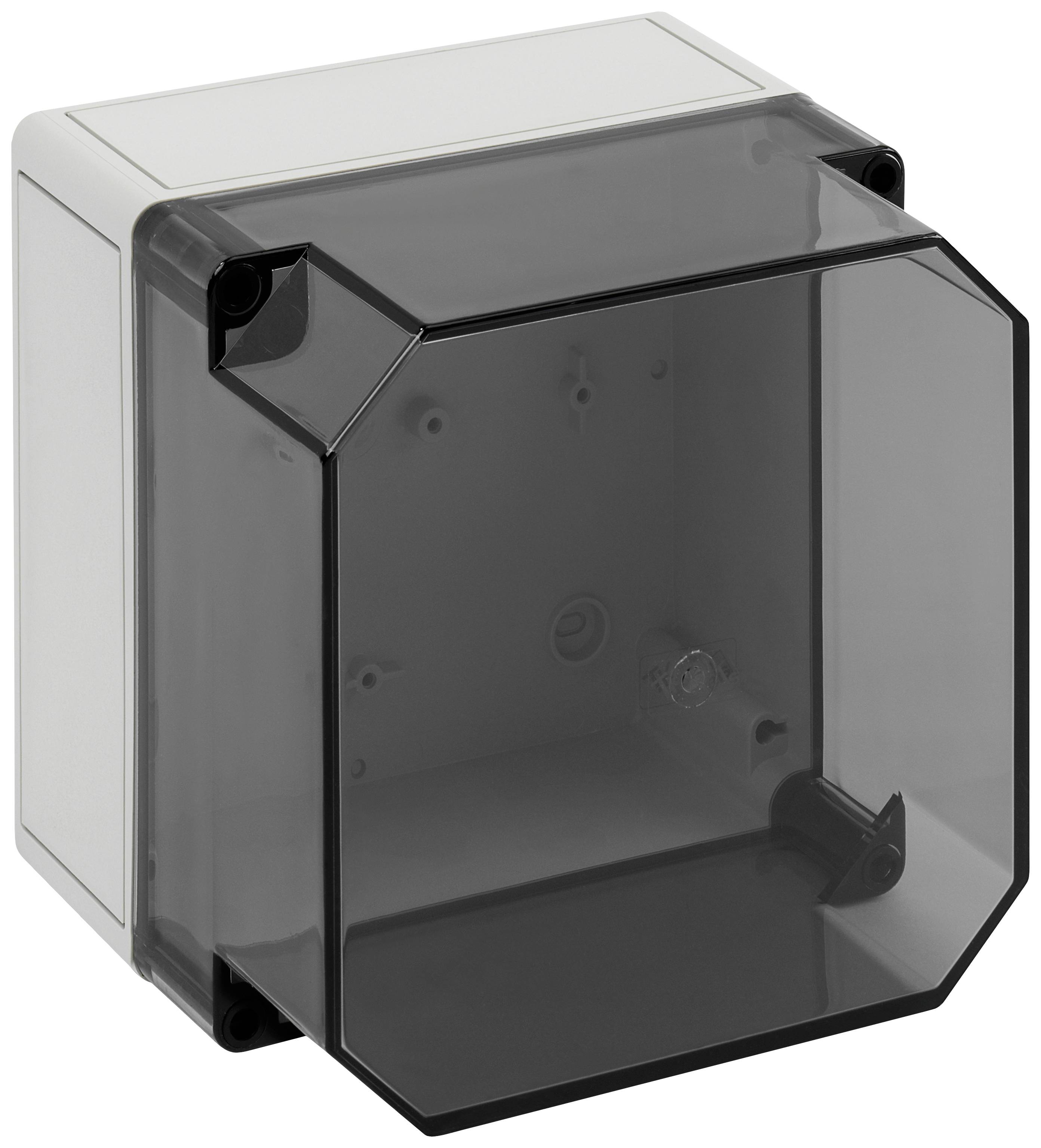 Electronics enclosure with a transparent, dark lid and a robust, white housing. Suitable for protecting electrical components.