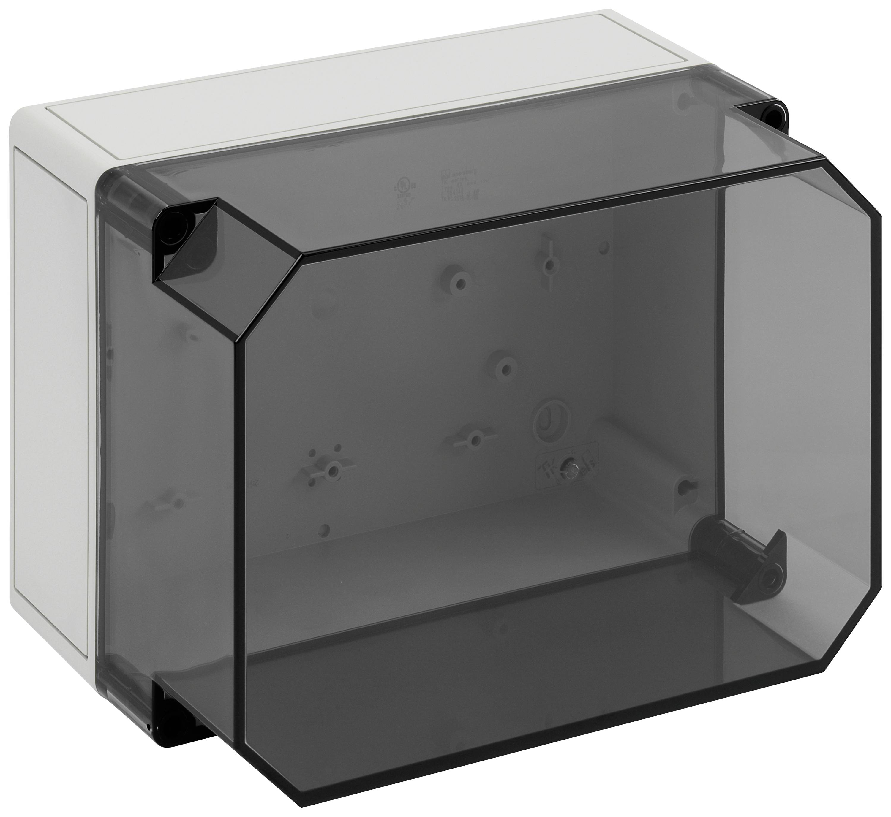 A rectangular, grey plastic box with a transparent, hinged front and rounded corners, suitable for storage.