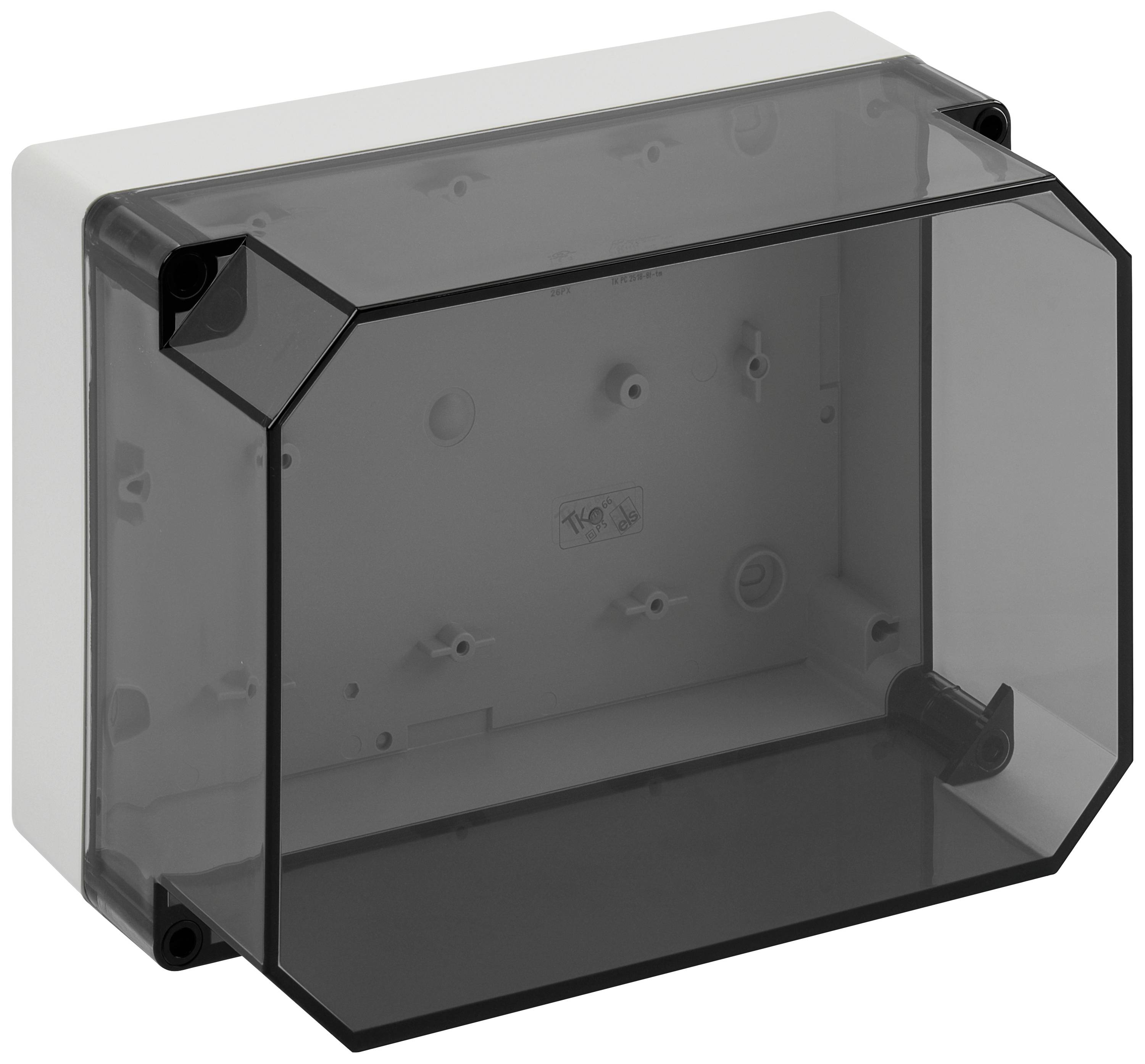 Rectangular, transparent plastic enclosure with a removable lid. Suitable for protecting electrical components.