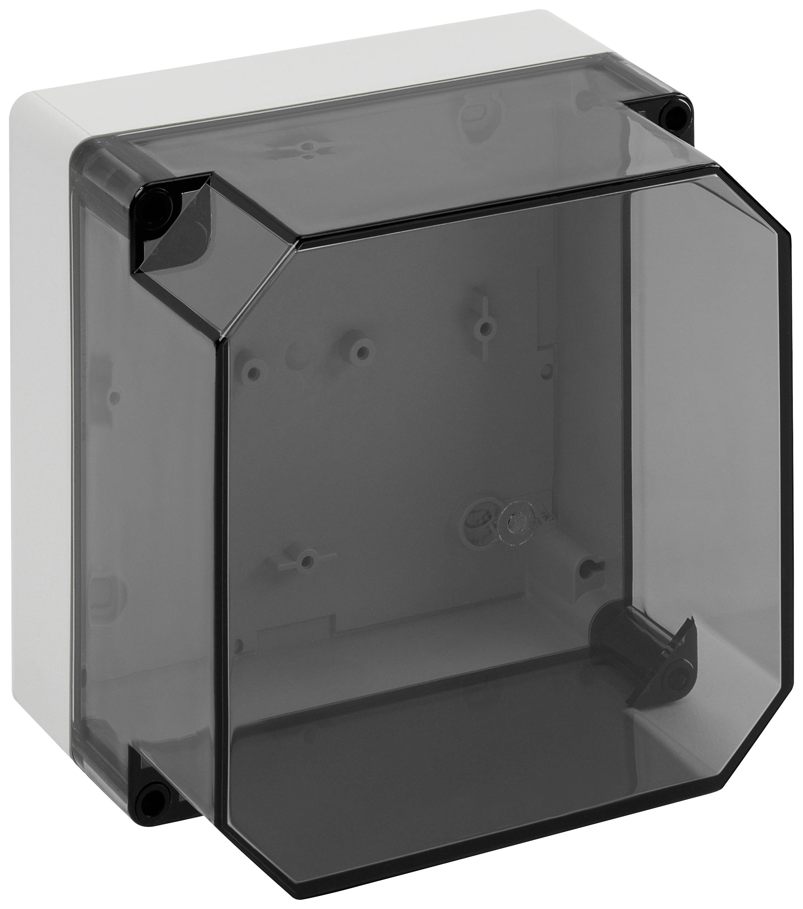 A square, transparent plastic enclosure with a removable lid, suitable for electrical installations or protective devices.