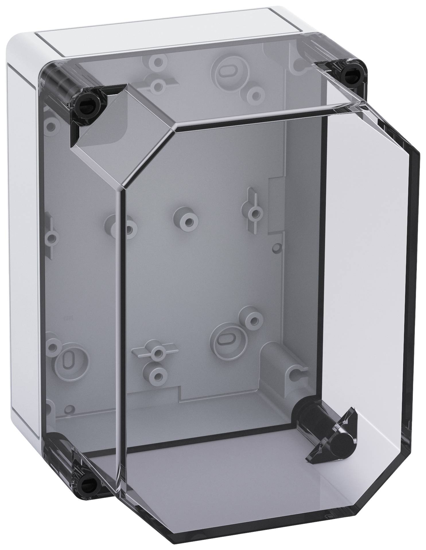 Transparent plastic box with a removable lid, suitable for protecting electronics or cables. Includes mounting holes for wall attachment.