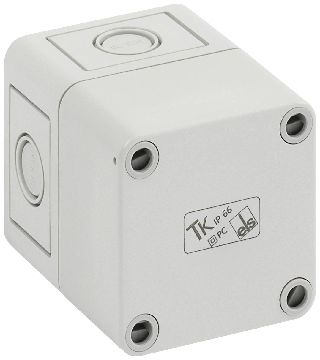 White, square plastic container with four screw openings at the corners, featuring a label with the inscription 'TK IP 66 PC' on the front.
