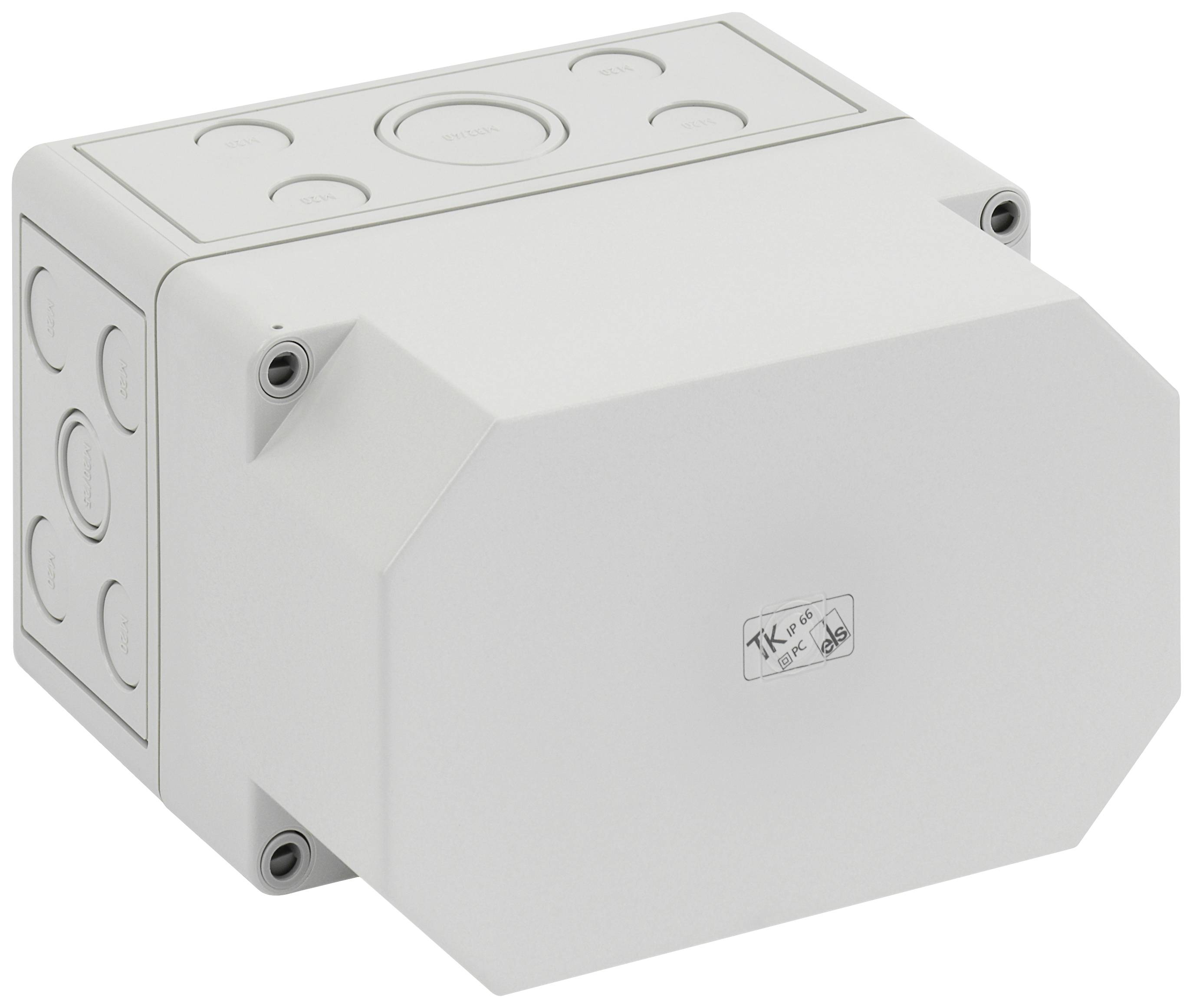 White, rectangular electrical socket box with multiple cable entry points on the sides for cable installation.