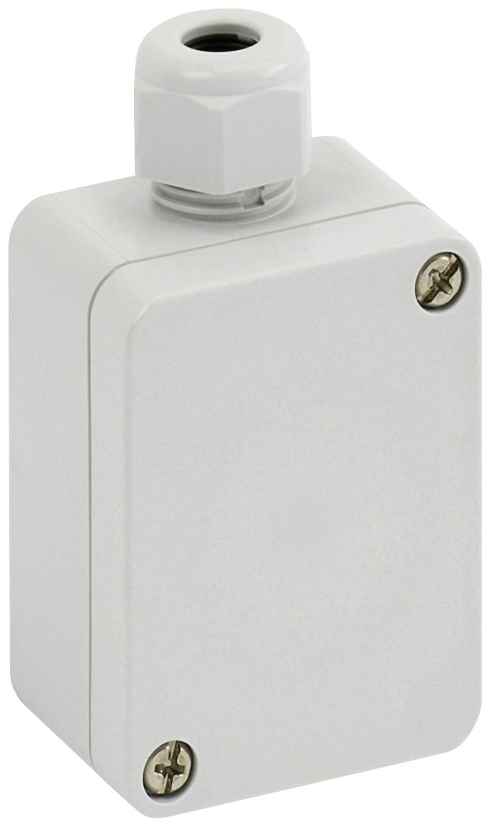 A rectangular, white plastic enclosure with rounded corners and a cable gland connection at the top, secured with two screws.