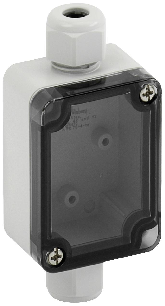 Plastic enclosure with a transparent cover and two cable glands at the top and bottom. Used to protect electrical connections.