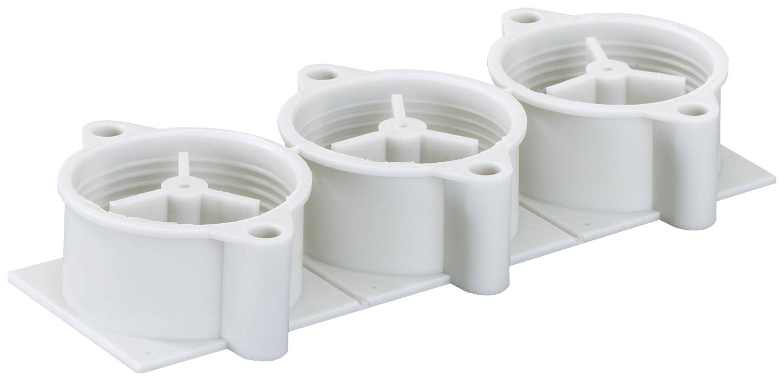 Three white, cylindrical plastic mountings arranged side by side on a rectangular base, potentially for technical or industrial applications.