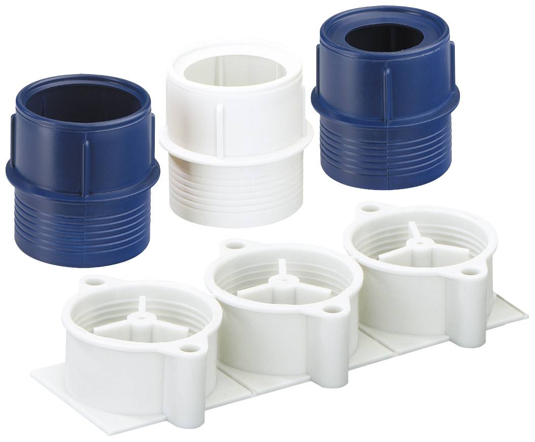 Five plastic pipes, three white and two blue. The white pipes are flush-mounted on a rectangular bracket.