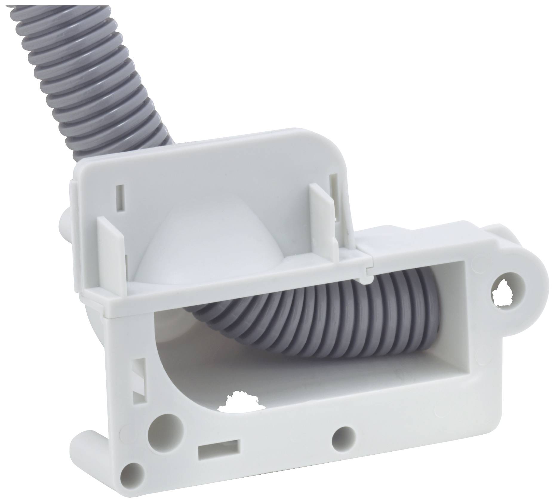 A white plastic component with an integrated grey spiral conduit. Suitable for cable management or mounting purposes.