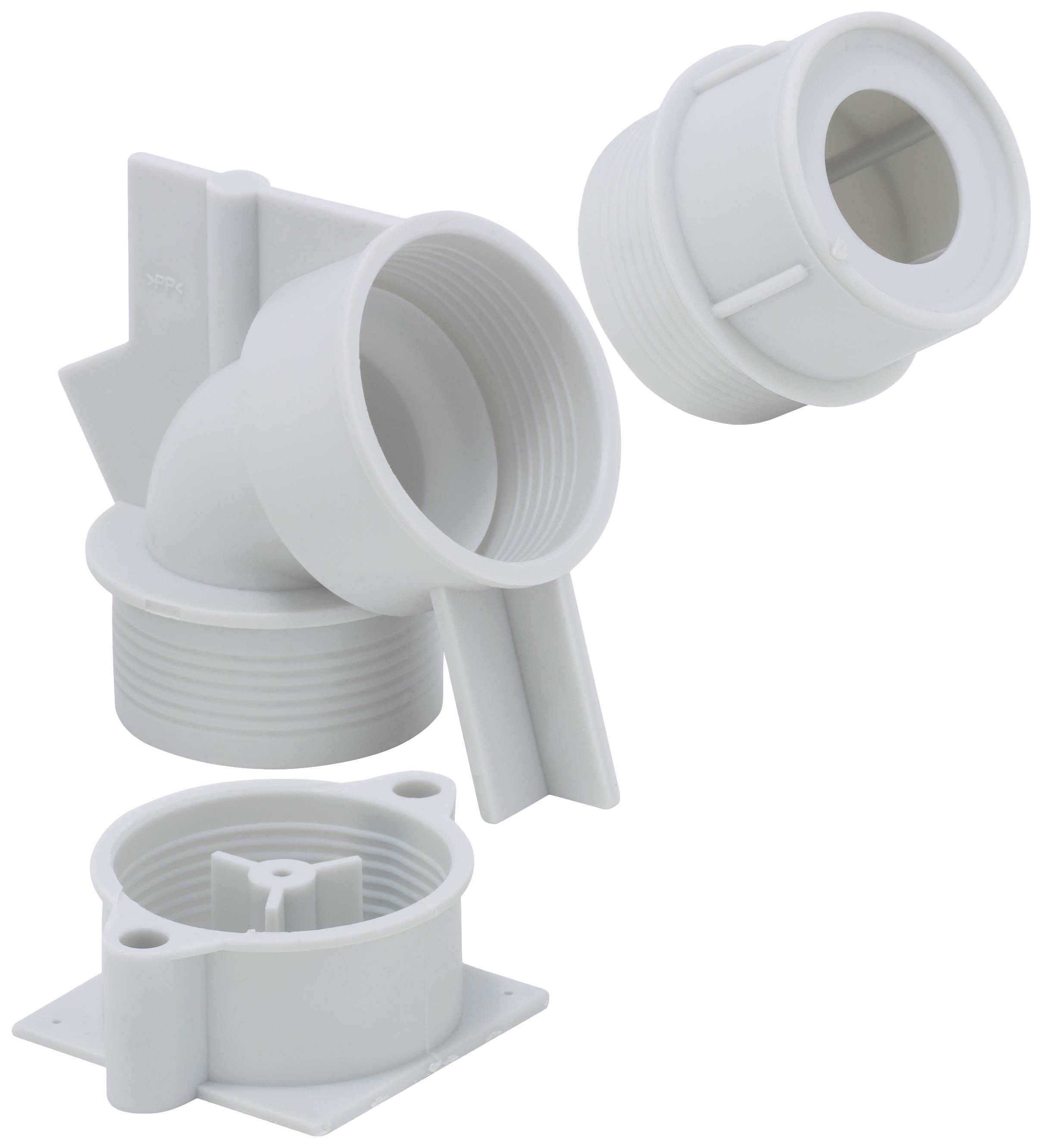 Three grey plastic adapters in various angles and shapes, suitable for plumbing or pipework.