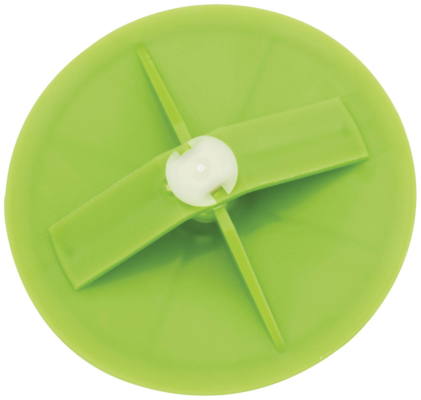 Green plastic propeller with four blades, central mounting point, on a white background.