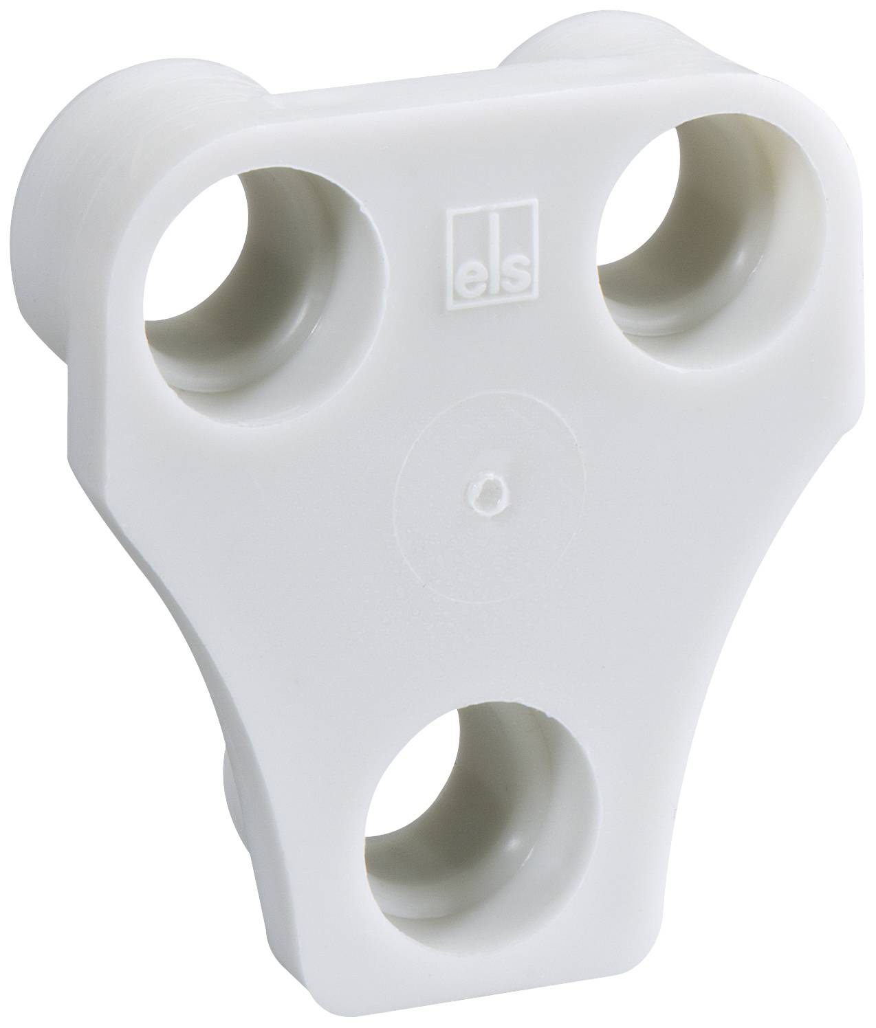 A white, triple plastic socket adaptor with three round plug sockets.
