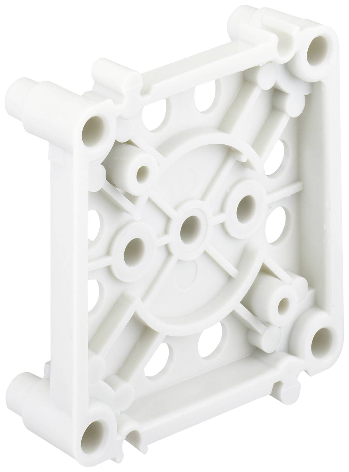 White plastic component, square in shape with a circular pattern in the centre and multiple holes; part of a larger mechanism.