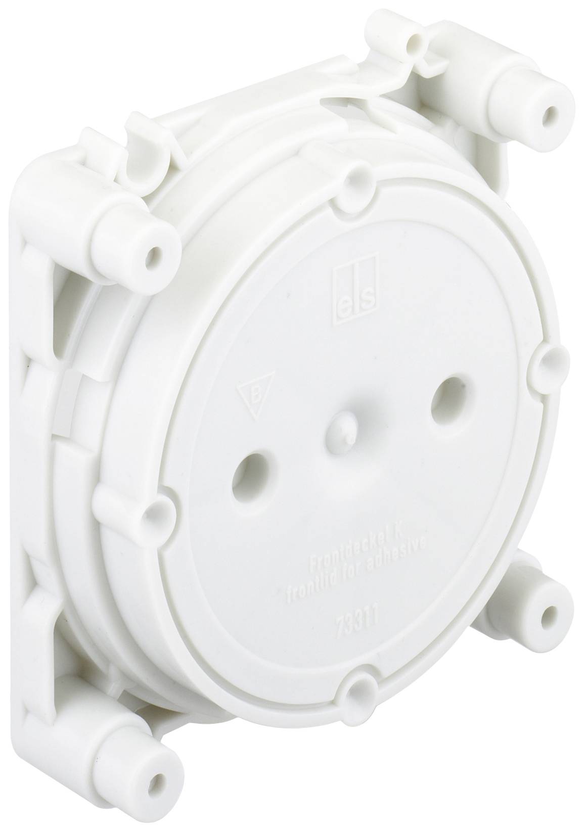White, round plastic flush-mounting box with fixing devices on the sides, suitable for recessed installation in walls.