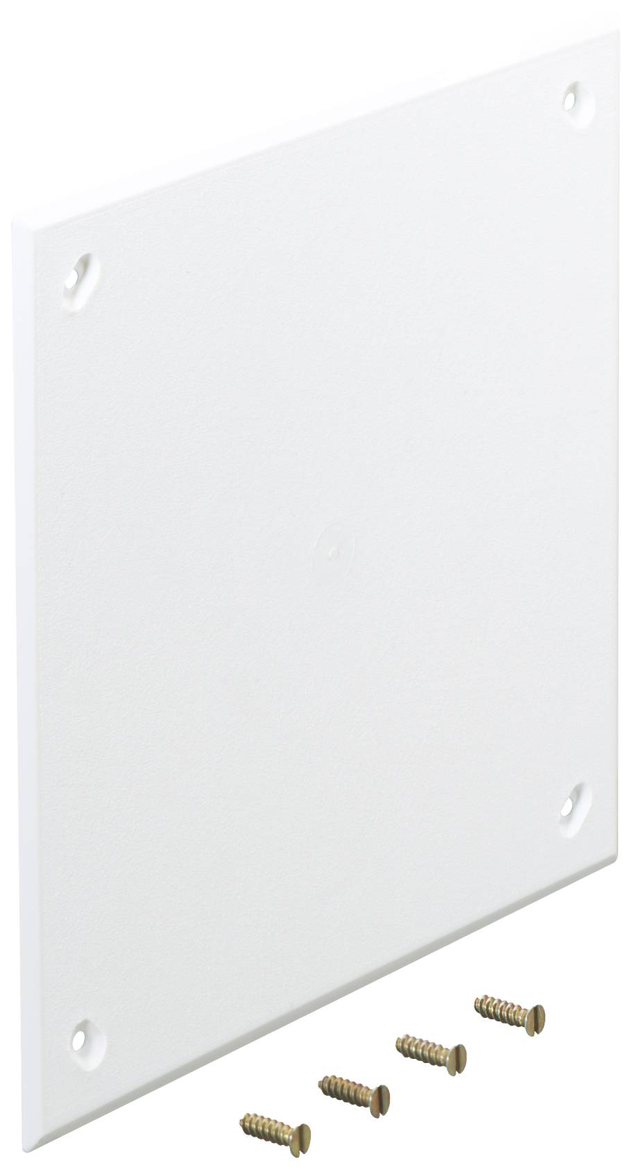 White plastic plate, square, with four screws underneath.