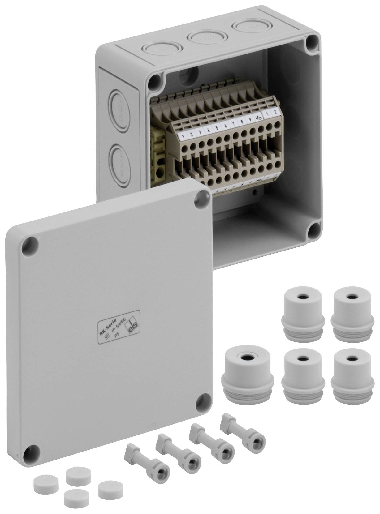 Electronic socket with an open lid, showing multiple connection terminals. Next to it are screws and covers.