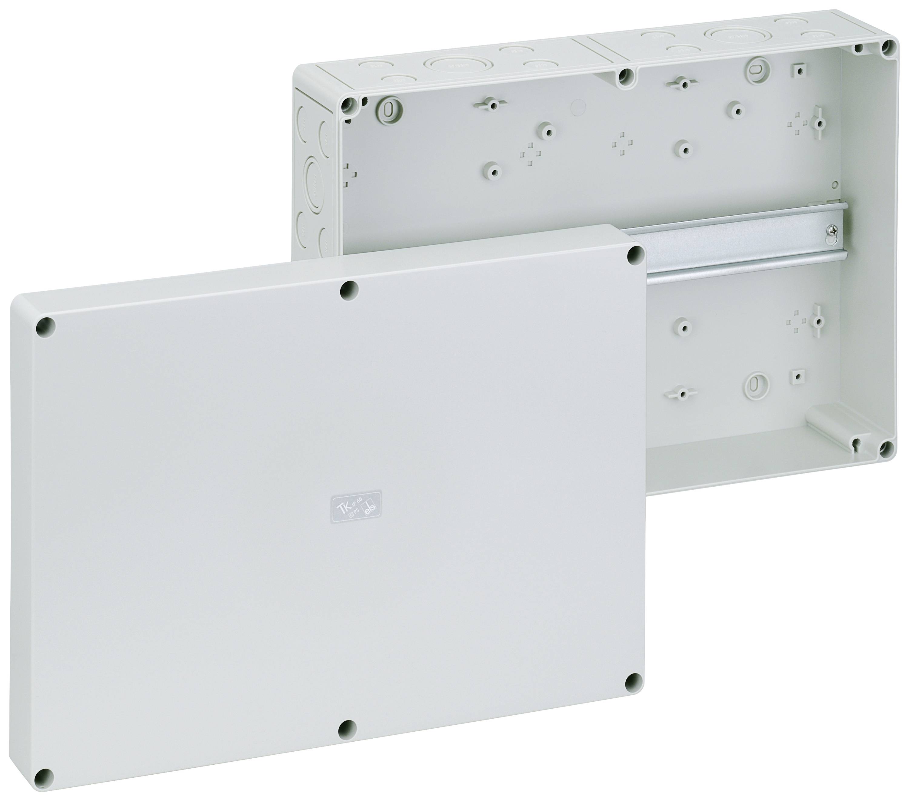 Two white plastic distribution boxes, one with the lid removed, show an interior view with mounting brackets and drill holes.