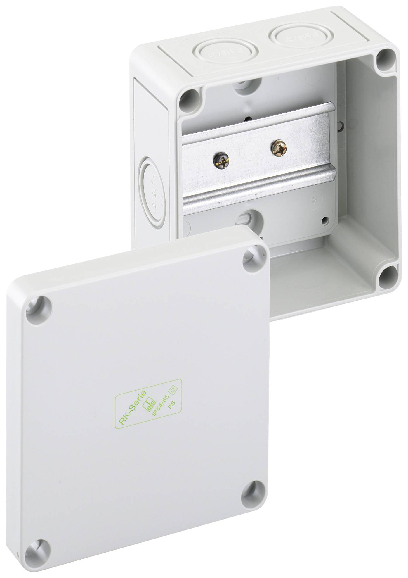 White, square junction box with removable lid, provides mounting space for cable connections. Ideal for internal wiring.