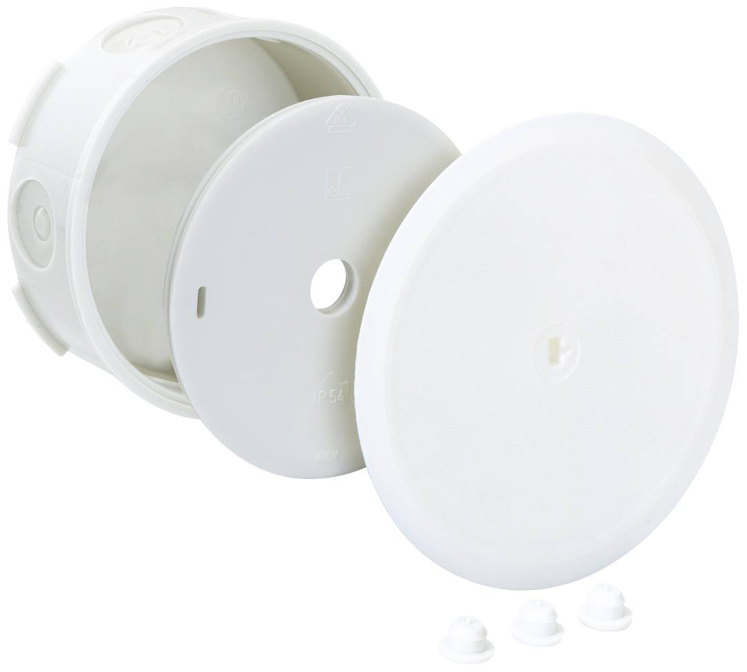 A round, grey plastic container with a removable lid, with three small, white stoppers lying beside it.