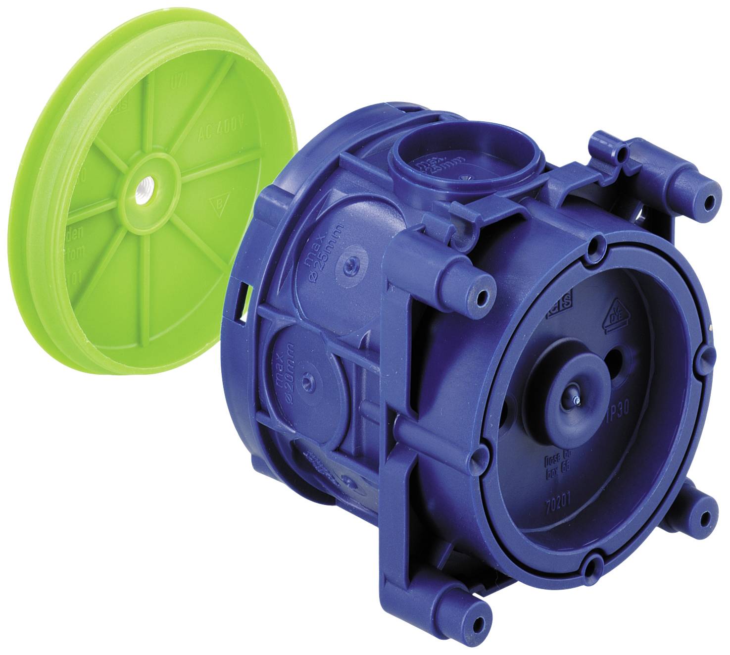 A blue, cylindrical plastic housing with a removable green lid, which may be part of an installation system.